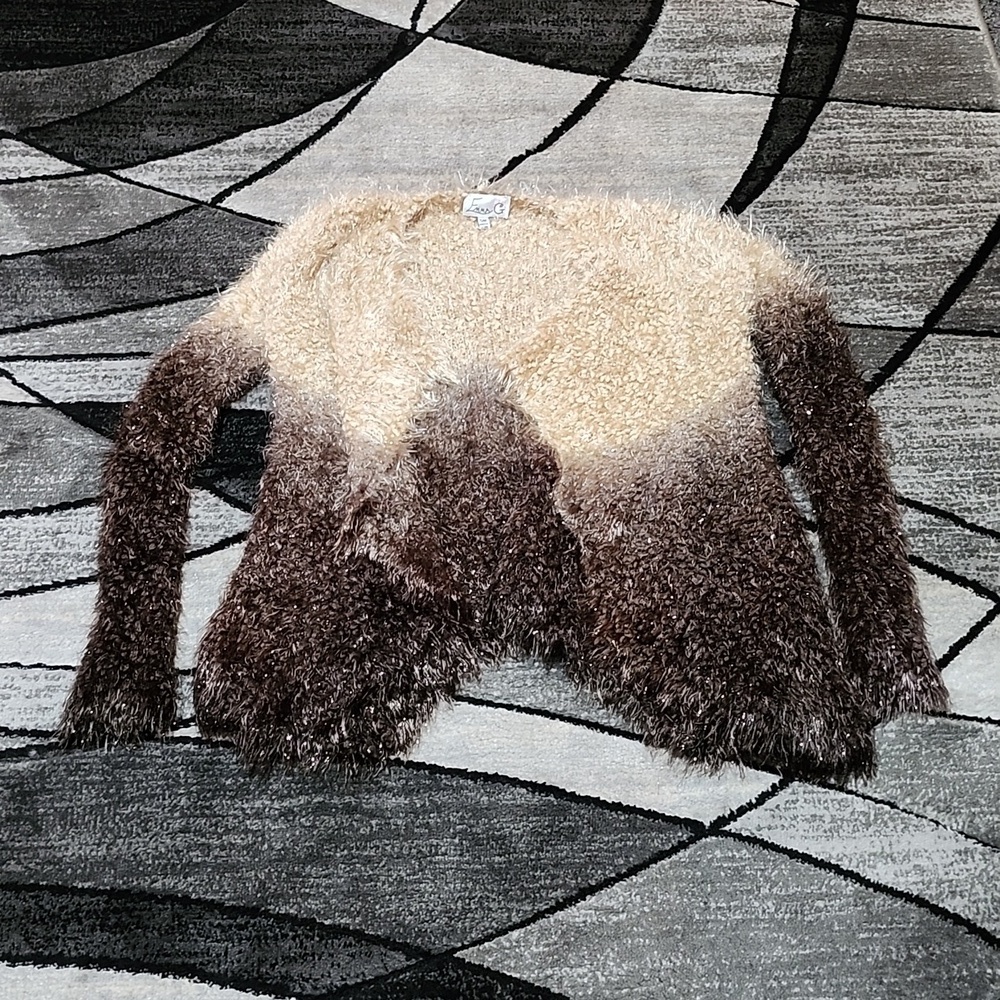 EMMA G SHIMMER TRI-COLOR OMBRE OPEN FLUFFY-KNIT CARDIGAN SWEATER